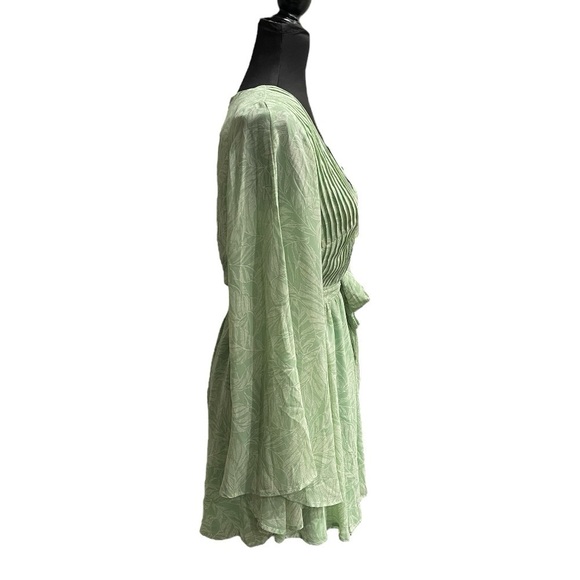 Aura Green Leaf Print Mini Dress with Bell Sleeves and Tie Waist | Size Small - Picture 2 of 11